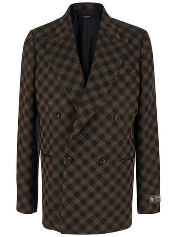 Brown Double-Breasted Jacket With Check Motif In Wool Blend Man - AMIRI - BALAAN 1