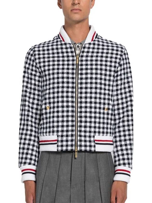 Gingham Boucle Knit Rib Cotton Bomber Jacket Navy - THOM BROWNE - BALAAN 3