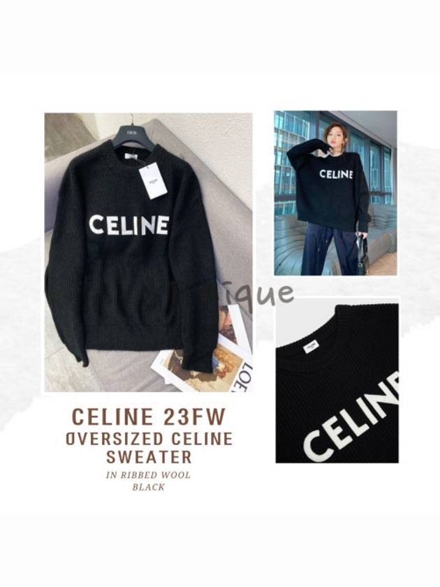 Oversized  Knit Top in Ribbed Wool Black - CELINE - BALAAN 8