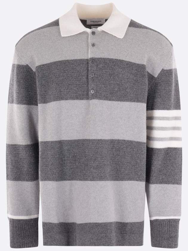 Rugby Striped Merino 4-Bar Long Sleeve Polo Shirt Grey - THOM BROWNE - BALAAN 2