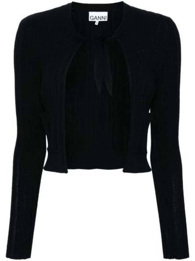 Light Viscose Rib Tie Cardigan Black - GANNI - BALAAN 1