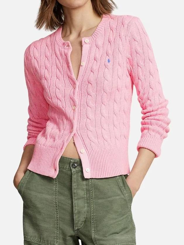 Women's Embroidered Logo Pony Cable Cardigan Pink - POLO RALPH LAUREN - BALAAN 4