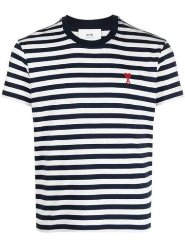 Small Heart Logo Striped Cotton Short Sleeve T-Shirt White Navy - AMI - BALAAN 1