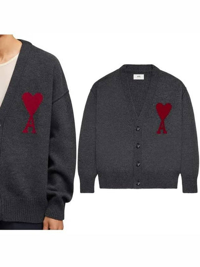 Heart Logo V Neck Wool Cardigan Heather Grey - AMI - BALAAN 2