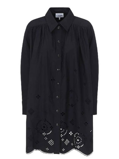 Poplin Punching Detail Shirt Long Sleeve Short Dress Black - GANNI - BALAAN 1