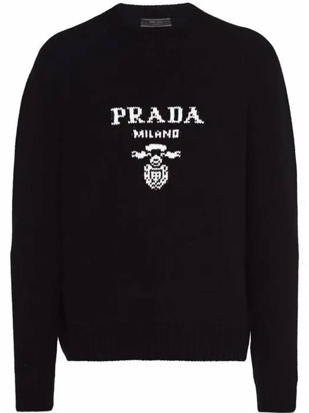 Embroidered Logo Wool Cashmere Crew Neck Knitted Sweater  Black - PRADA - BALAAN 2