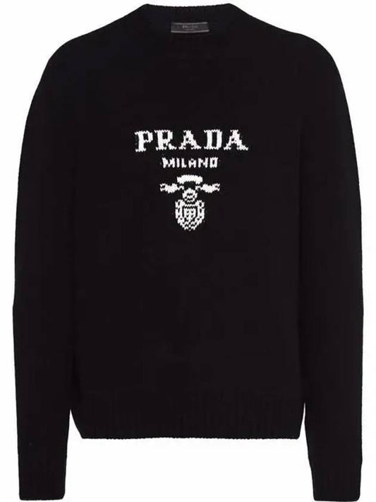logo embroidered wool cashmere crew neck knit top black - PRADA - BALAAN.