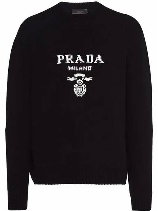 Embroidered Logo Wool Cashmere Crew Neck Knitted Sweater  Black - PRADA - BALAAN 2