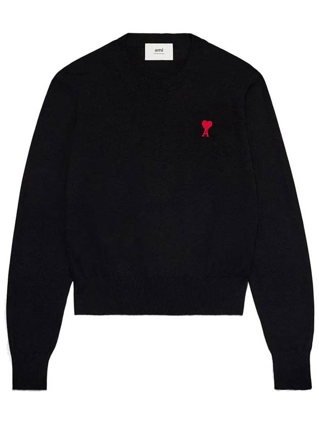 Heart Embroidered Logo Crew Neck Knit Top Black - AMI - BALAAN 2