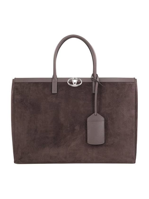 V Logo Suede Tote Bag Dark Brown - VALENTINO - BALAAN 1