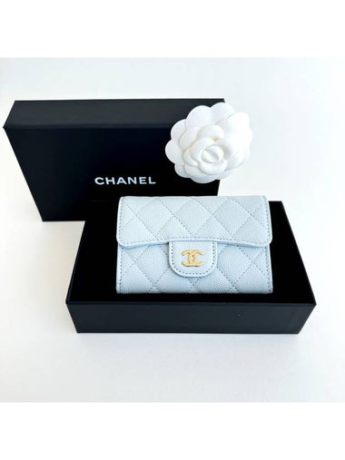 Classic Snap Card Wallet Light Blue Sky Caviar Gold Clasp AP0214 - CHANEL - BALAAN 1