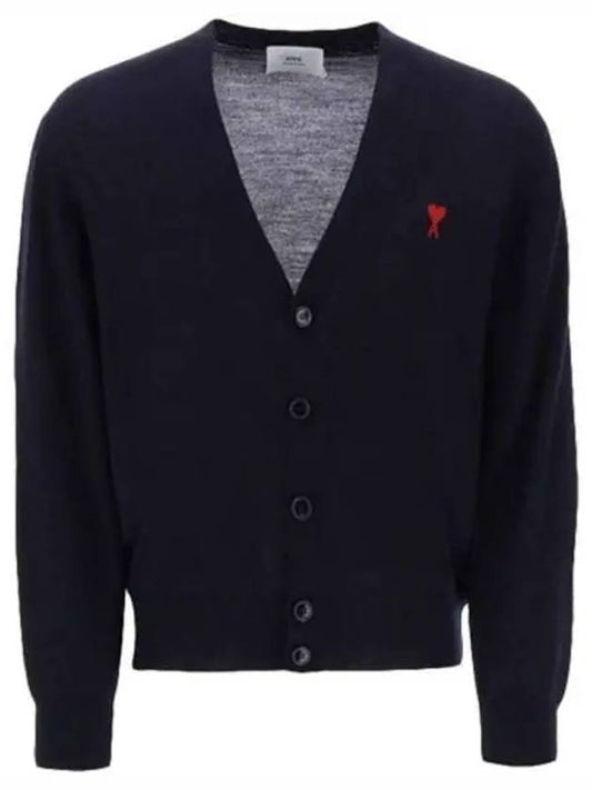 Red Heart Logo Merino Wool Cardigan Navy - AMI - BALAAN 2