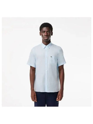 Men s Linen Short Sleeve Shirt Sky Blue - LACOSTE - BALAAN 1