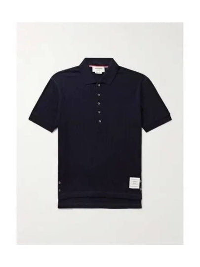 RWB Button Ribbed Polo Wool Knit Top Navy - THOM BROWNE - BALAAN 2