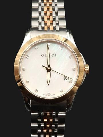 27MM Steel Quartz Mother of Pearl G Timeless 12P Diamond Women s Watch - GUCCI - BALAAN 1