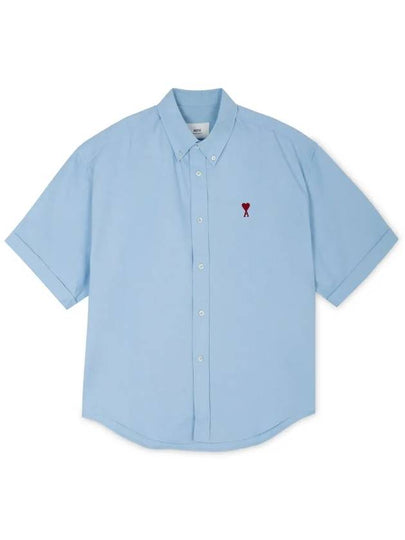 Men's Boxy Fit Embroidered Logo Short Sleeve Shirt Light Blue - AMI - BALAAN 2