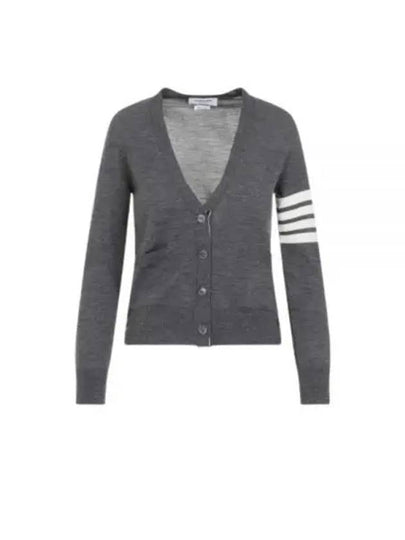 Sustainable Fine Merino Wool 4-Bar Relaxed Fit V-Neck Cardigan Medium Grey - THOM BROWNE - BALAAN 2