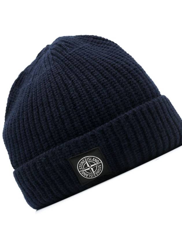 Logo Patch Rib Wool Beanie Navy - STONE ISLAND - BALAAN 3