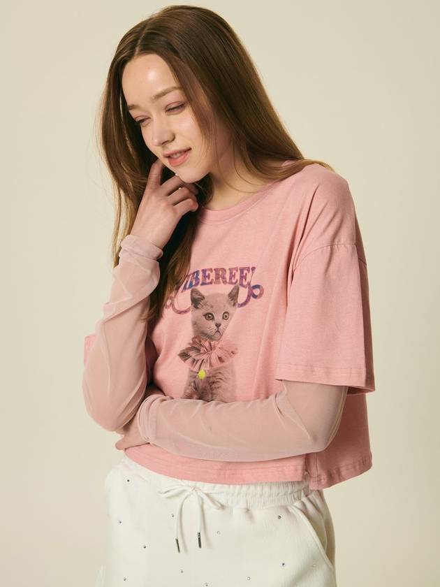 24 Bella Cat Mesh Layered TShirt_Pink - VIBEREEN - BALAAN 7