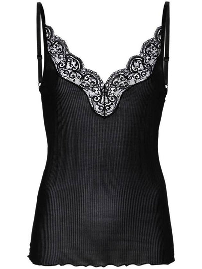 Lace Trim Rib Silk Sleeveless Black - SAINT LAURENT - BALAAN 2