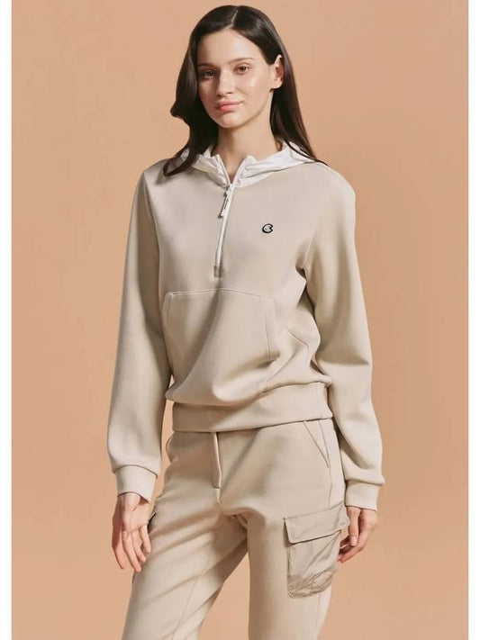 Online Exclusive Women s Kangaroo Pocket Woven Hooded Long Sleeve T Shirt Beige - CLEVELAND GOLF - BALAAN 2