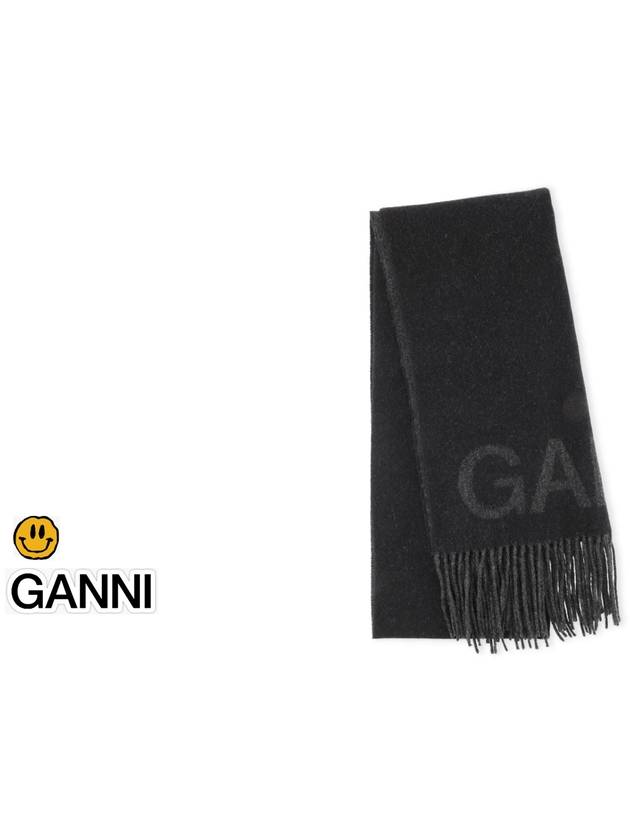 logo wool muffler black - GANNI - BALAAN.