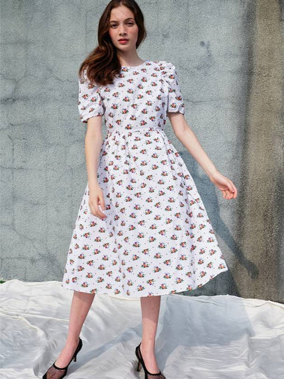 Volume Sleeve Flower Cotton Midi Dress White - SORRY TOO MUCH LOVE - BALAAN 2