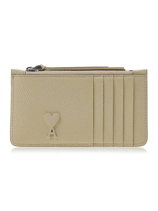 Heart Logo Plaque Leather Zipper Card Wallet Ivory - AMI - BALAAN 1