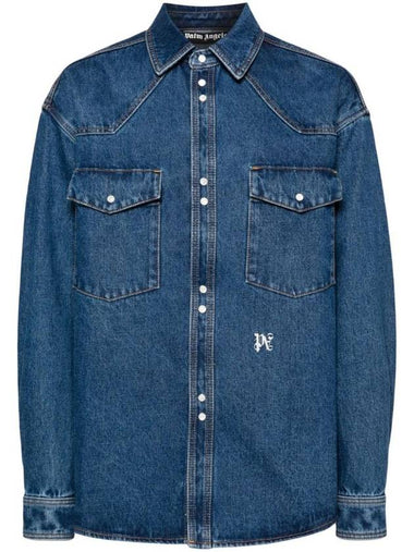 logo embroidered denim shirt PMYD023R24DEN0024001 - PALM ANGELS - BALAAN 1