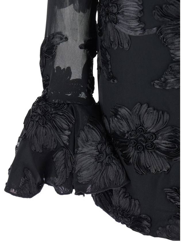 'Rositana' Black Mini Dress With Semi Sheer Sleeves And All-Over Roses Appliqué In Tech Fabric Woman - ROTATE - BALAAN 3