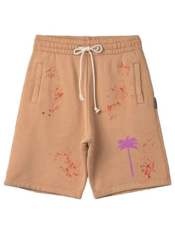 Paint Splatter Logo Print Track Shorts Pants Camel Brown - PALM ANGELS - BALAAN 1