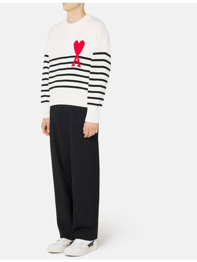 Striped Big Heart Logo Knit Top White - AMI - BALAAN 7