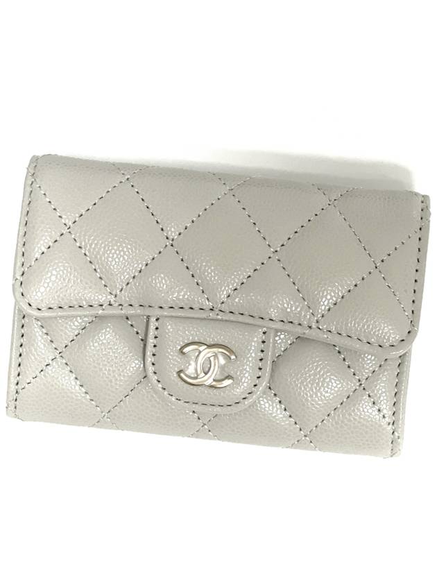 Classic Gold Logo Grained Shiny Calfskin Card Wallet Grey - CHANEL - BALAAN 3