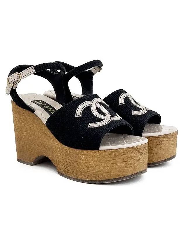 Chanel 24P ankle strap wood wedge heel sandals 36 black light gray 4ET1284 - LOUIS VUITTON - BALAAN 1