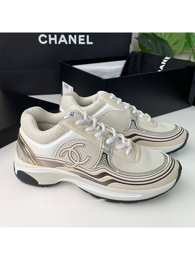 Women CC Logo Fabric Laminated Low Top Sneakers Silver Ivory - CHANEL - BALAAN 8