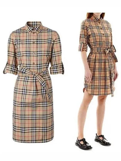 Vintage Check Stretch Cotton Tie-Waist Shirt Dress Beige - BURBERRY - BALAAN 2