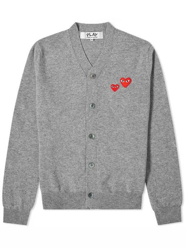 Double Heart Wappen V-Neck Cardigan Grey - COMME DES GARCONS PLAY - BALAAN 1