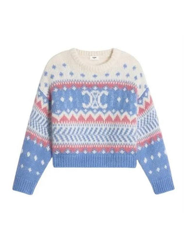 Crew Neck Knit Top In Fair Isle Mohair And Silk Light Blue - CELINE - BALAAN 1