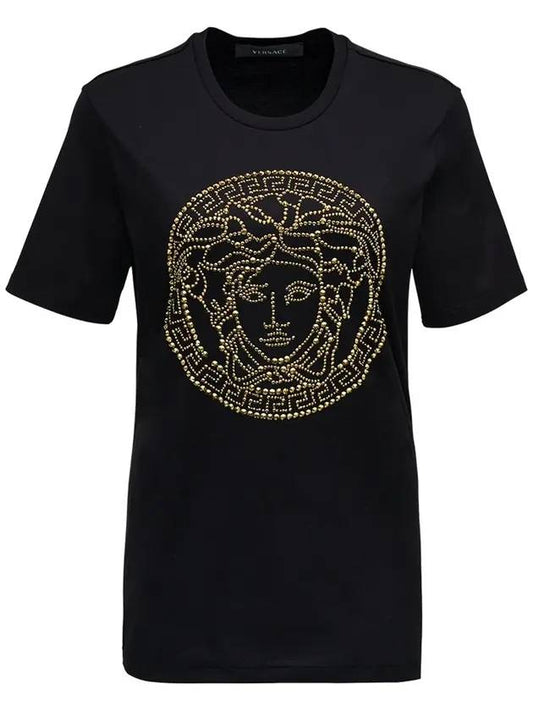 Women's Medusa Studded Short Sleeve T-Shirt Black - VERSACE - BALAAN.