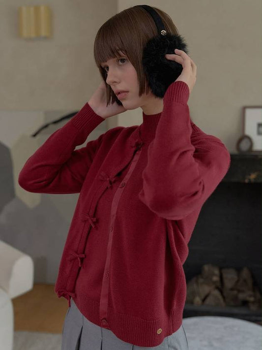 CASHMERE BLEND RIBBON CARDIGAN Cherry Red - PLAYBOO - BALAAN 1