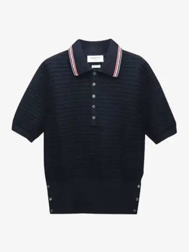 Textured Stitch Cotton Short Sleeve Polo Shirt Navy - THOM BROWNE - BALAAN 3