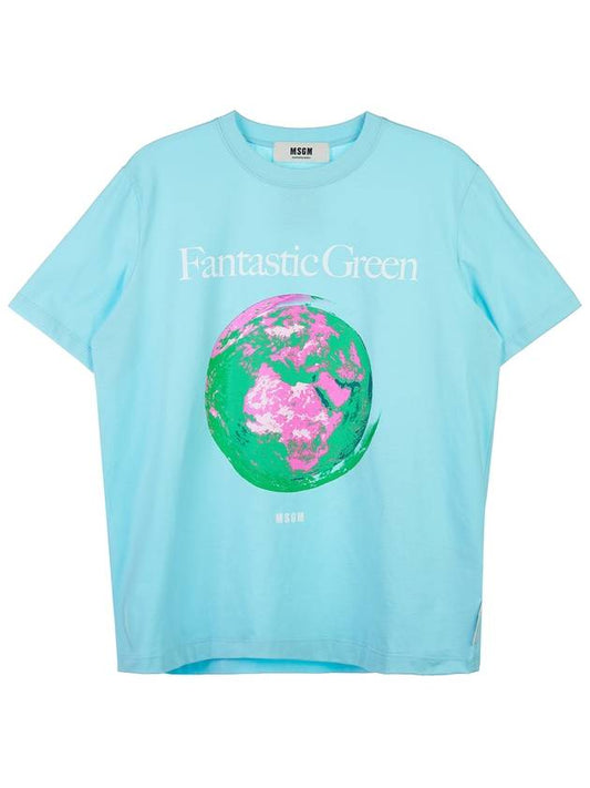 Earth Graphic Printing Short Sleeve T-Shirt Blue - MSGM - BALAAN.