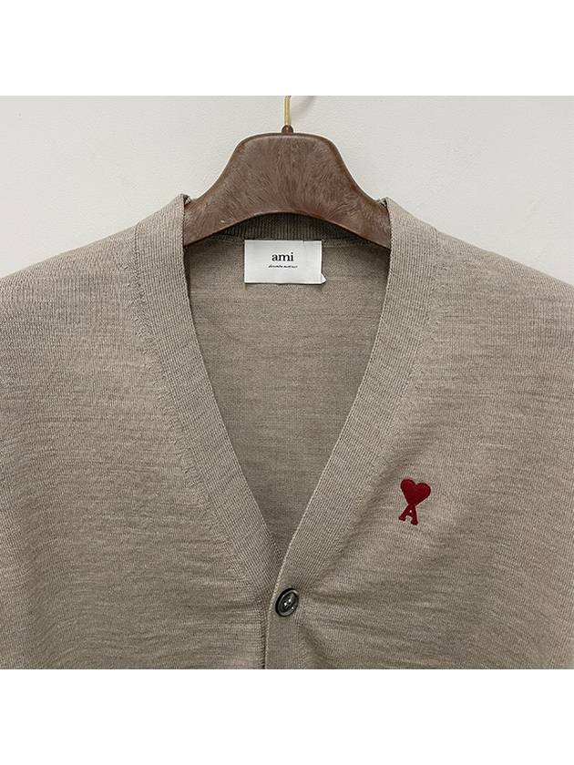 Red Heart Logo Merino Wool Cardigan Beige - AMI - BALAAN 5