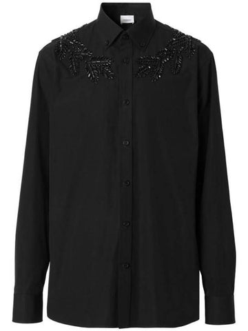 Crystal Oak Leaf Long Sleeve Shirt Black - BURBERRY - BALAAN 1