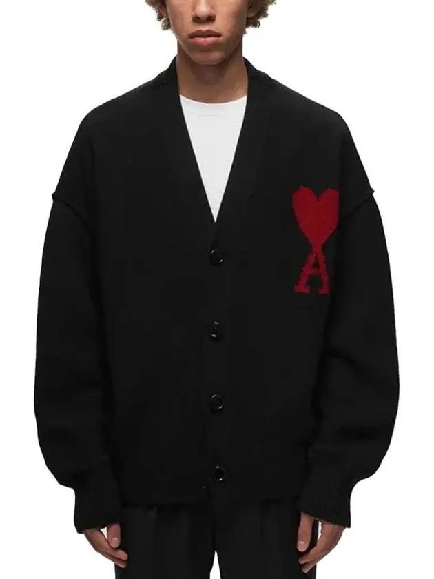 Heart Logo V Neck Wool Cardigan Black - AMI - BALAAN 3