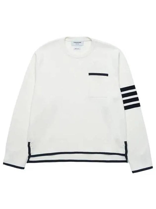 Milano Stitch 4-Bar Boxy Crew Neck Pullover Knit Top White - THOM BROWNE - BALAAN.