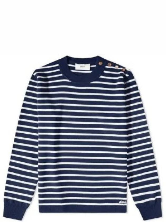 Striped Crewneck Knit Top Nautic Blue White - AMI - BALAAN 2