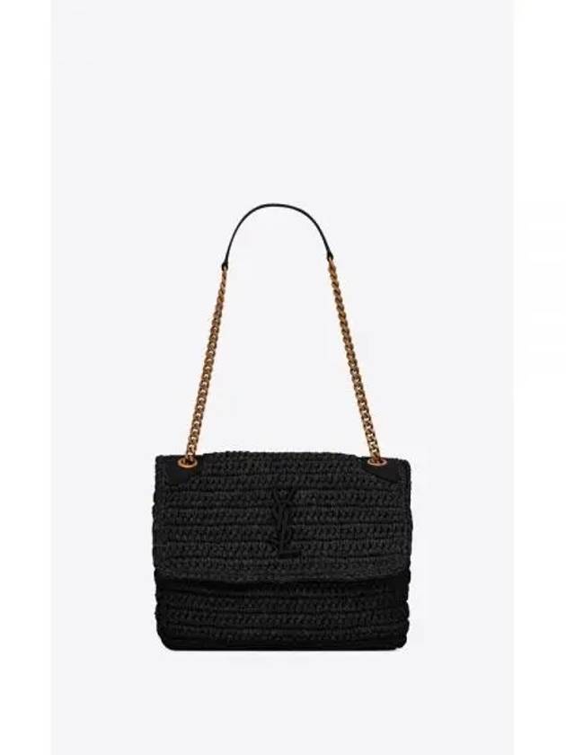 Nikki Chain Midium Raffia Leather Shoulder Bag Black - SAINT LAURENT - BALAAN 2