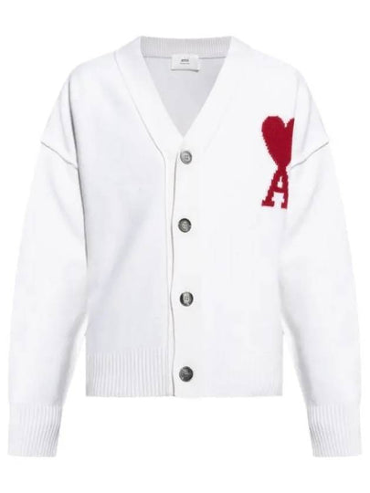 Heart Logo V Neck Wool Cardigan Off White - AMI - BALAAN 2