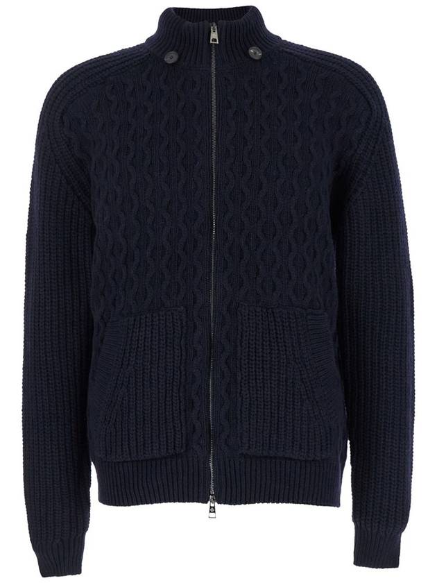 Blue Zip-Up Cardigan With Detachable Hood In Cable Knit Wool Man - TAGLIATORE - BALAAN 4